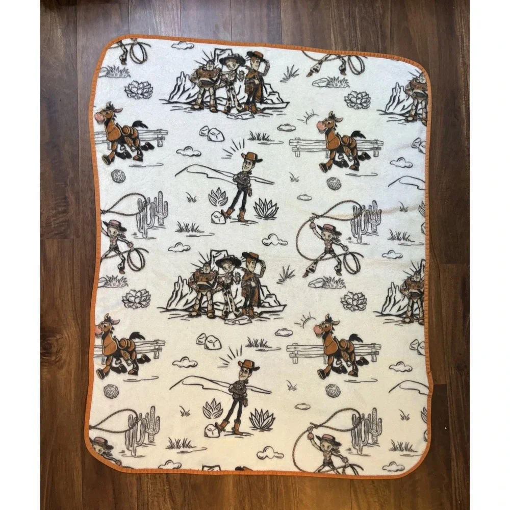 Vintage Disney Toy Story Woody's Roundup Plush Fleece Throw Blanket Orange Trim